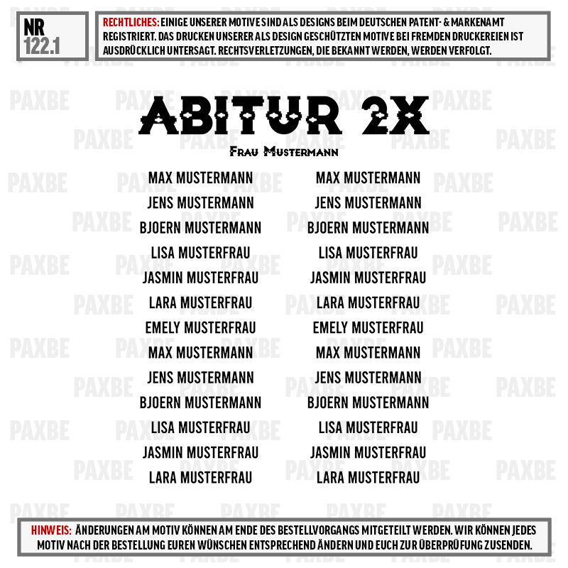 abitur 2x, Kleidungsetikett, Namensliste, Textplakat, Musterfrau, abitur 2x, musterfrau, namensschild, visitenkarte, druckmotiv