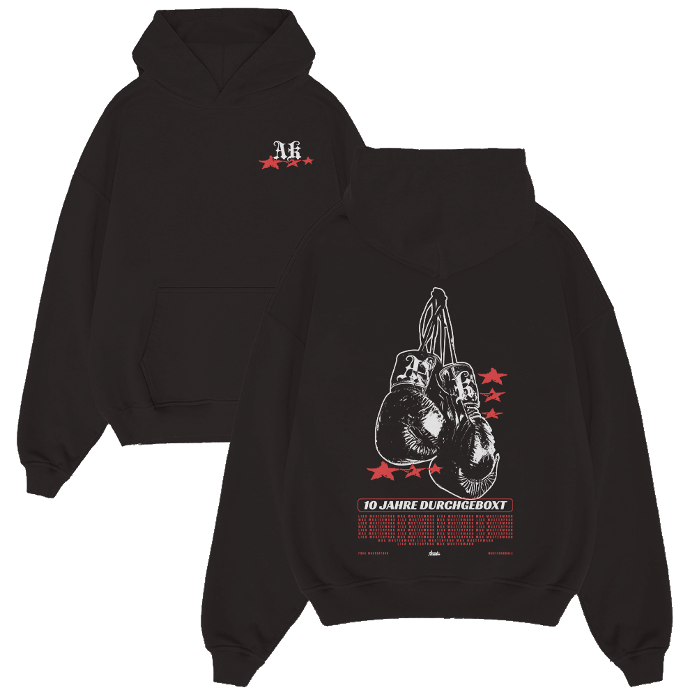 Hoodie, Kapuzenpullover, Boxhandschuhe, Kunstdruck, 10 Jahre Durchgeboxt, Hoodie, Schwarzer Hoodie, Boxhandschuhe Grafik, Grafikdruck, Kangarootasche