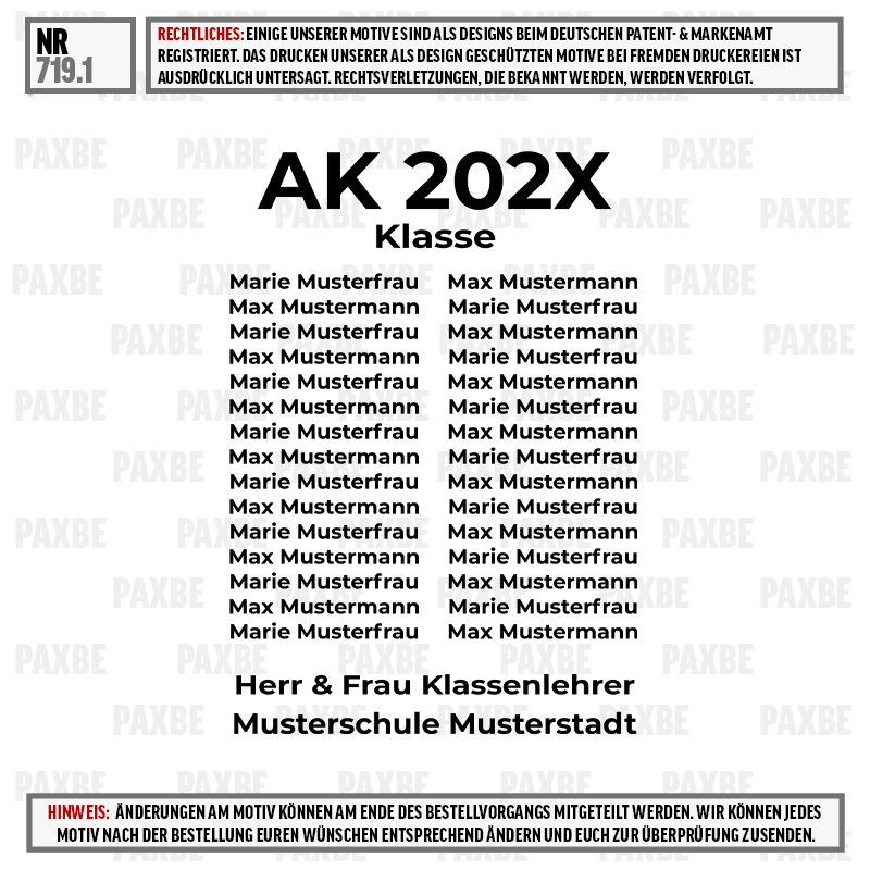 Klasse, AK 202X, Musterschule, Lehrer, Frau Mann, Klasse, AK 202X, Schule, Musterstadt, Musterlehrer