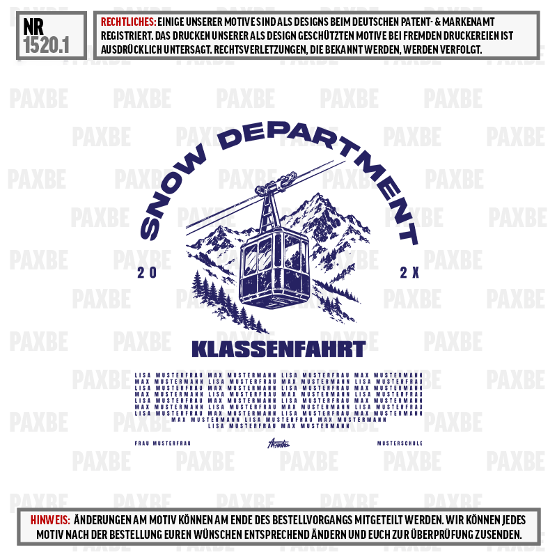 Klassenfahrt-Motiv, Schneekabine, Bergillustration, dunkelblaues Design, Textildruck, Klassenfahrt-Design, Schneelandschaft, Seilbahngondel, Bergmotiv, Dunkelblauer Druck