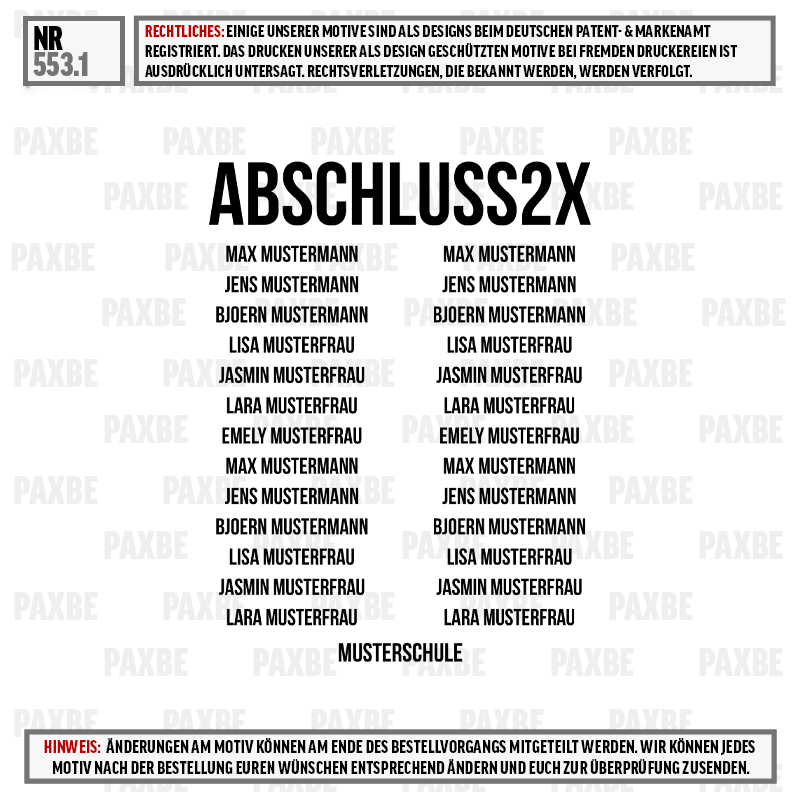 Abschluss2x, Musterschule, Schülerinnen, Schüler, Beispieltext, abschluss, 2x, musterschule, gravur, schriftzug
