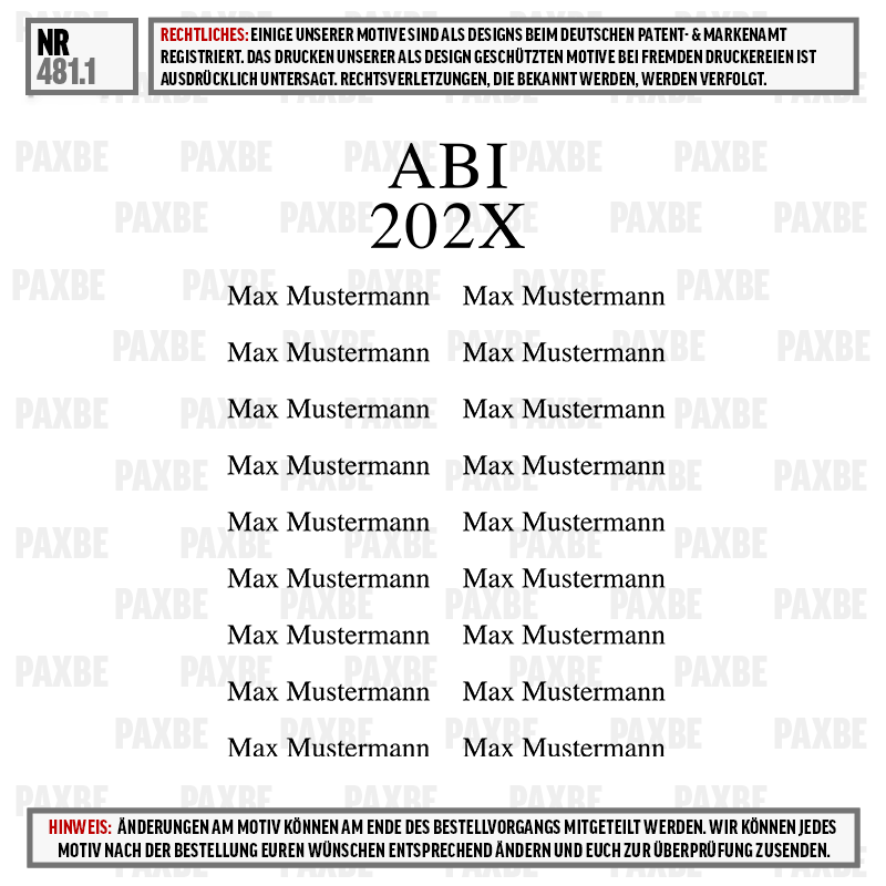 paxbe, muster, text, doppelseitig, etiketten, plakat, design, abi-202x, druckmotiv, max mustermann