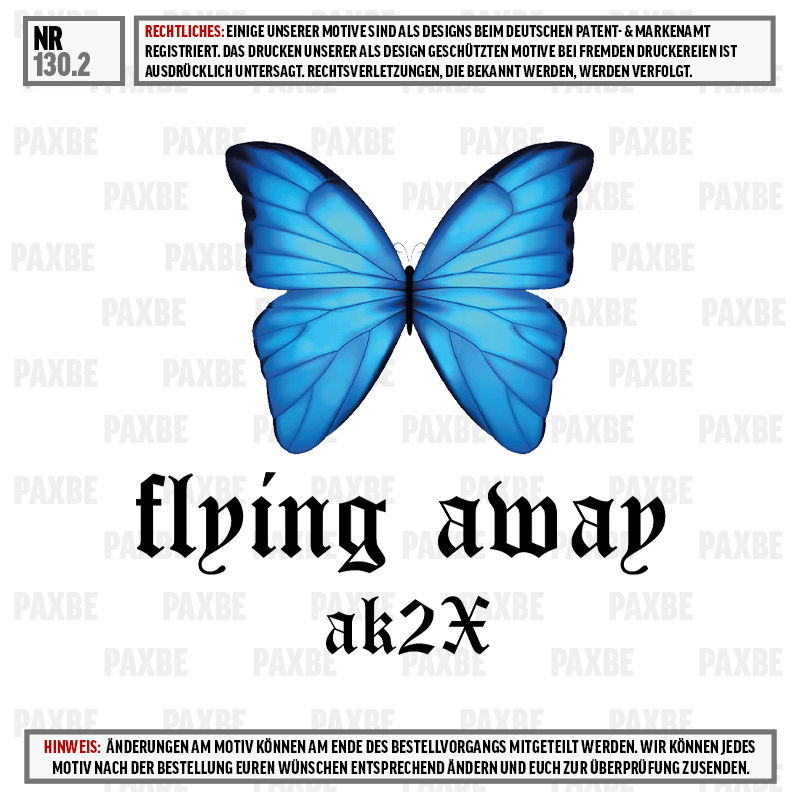 blauer schmetterling, schmetterlingsmotiv, text tattoo, gotische schrift, flügel muster