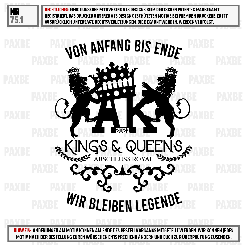 T-Shirt-Aufdruck, Monarchen,  Krone, Wappen, Königliche Initialen AK, tshirt, print, könig, königin, royal