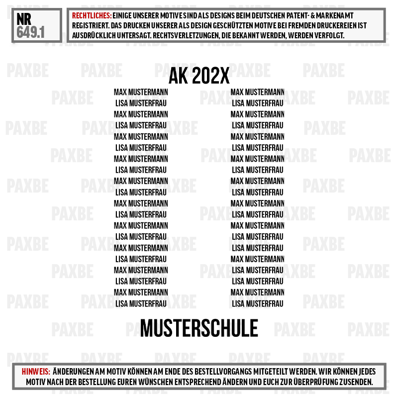 Produkt, Text, Logo, Muster, Musterung, Etikett, Muster, Schule, AK 202X, Namensliste, PAXBE