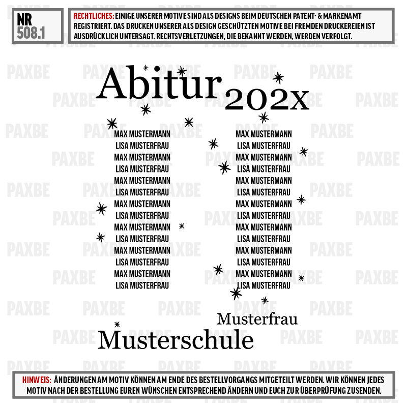 Muster, Musterfrau, Mustersschule, Abitur 202x, Logo Sterne, Muster, Schule, Bild, Text, Label