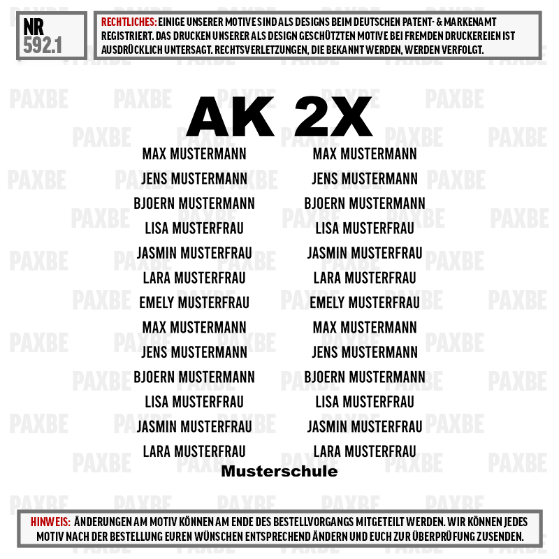 AK 2X, Musterschule, Namensliste, Schriftbild, Logo Muster, tshirt, text, schwarz, weiß, muster