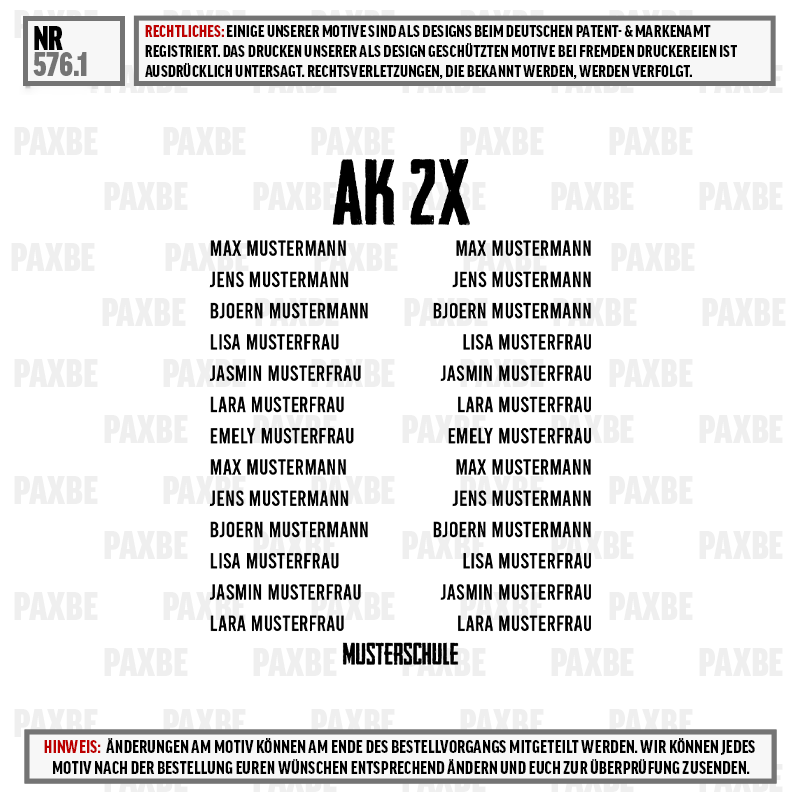 t-shirt, AK 2X, Musterschule, Namensliste, Text Muster, AK 2X, MUSTERSCHULE, MOTIV, NAMENSLEISTE, VERSANDARTIKEL