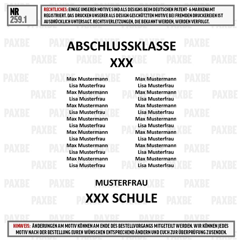 XXX, Musterfrau, Schule, Abschlussklasse, NR 259.1, Abschlussklasse, Musterfrau, Schule, Schulabgänger, Namensliste