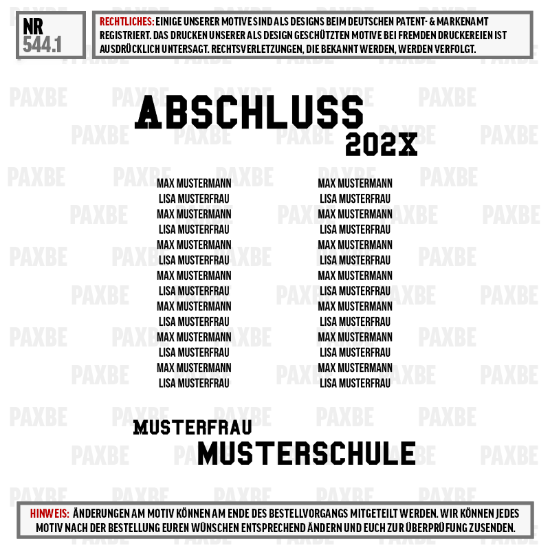 Musterfrau, Musterschule, Abschluss, 202X, Schulzeugnis, tuxedo, text block, name list, musterschule, abschluss 202X