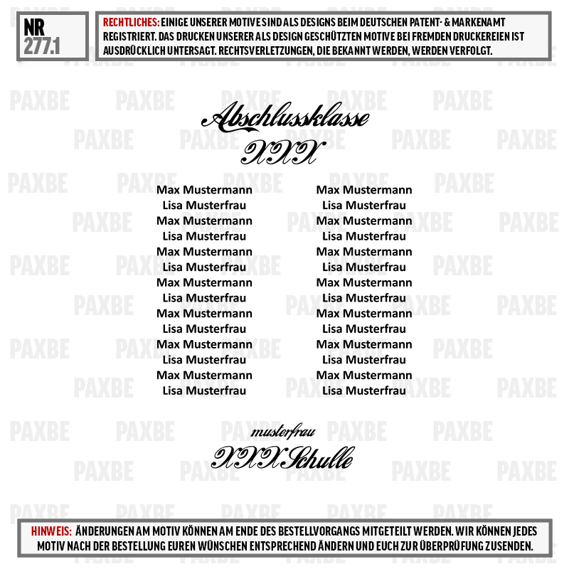 Schule, Abschlussklasse, Jahrgang, Namensliste, Musterfrau, Abschlusszeugnis, Schule, Mustername, Namensliste, XXXL Schule