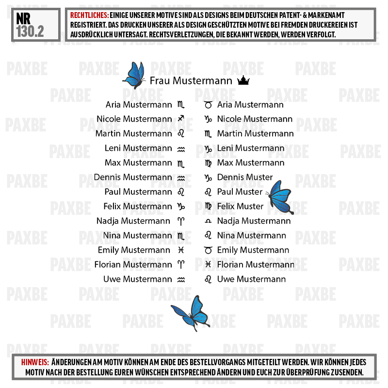 Schmetterling, Stammbam, Namensliste, Abbildung,  Musterfrau, Schmetterling, Falter, Musterblatt, blauer Schmetterling, Namensliste
