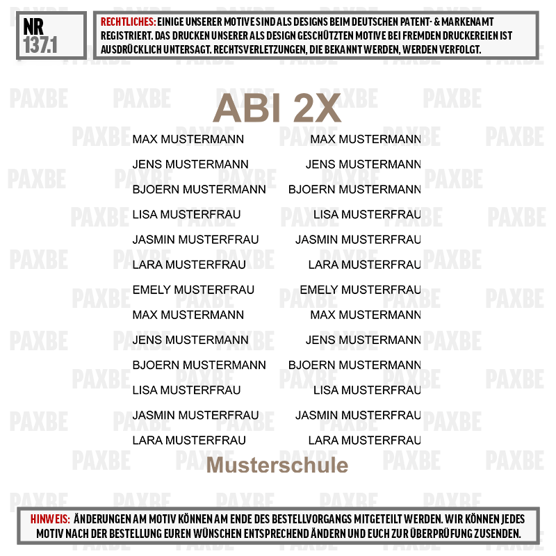 ABA, X2, Muster Schule, Label, Namensliste, Name Tag, ABI 2X, Musterliste, Schule, Mottovorlage