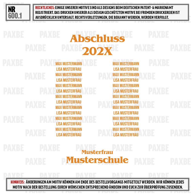 Musterfrau, Musterschaft, Schriftzug, Abschluss 202X, Musterkollektion
