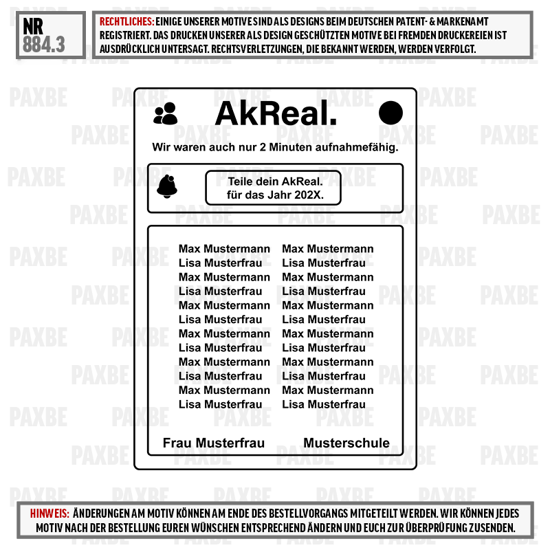 Name Tag, Layout, Beschriftung, Gitter, Textfeld, AkReal, Namensliste, Kartenlayout, Share, Schülerliste