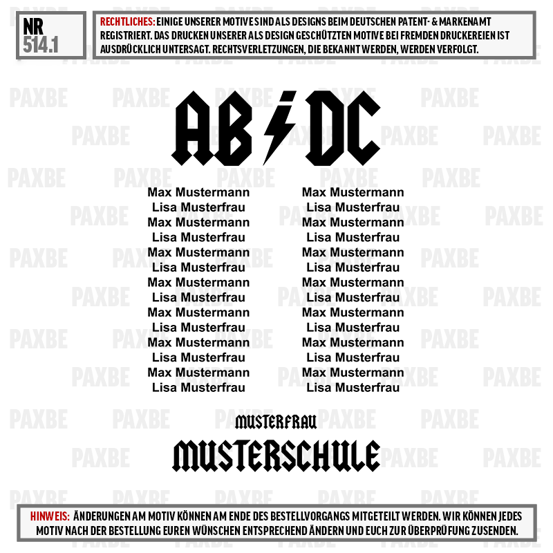 t-shirt, musterfrau, logo, text, kollektion, Musterfrau, MUSTERSCHULE, AB DC Logo, Namensliste, Textblock