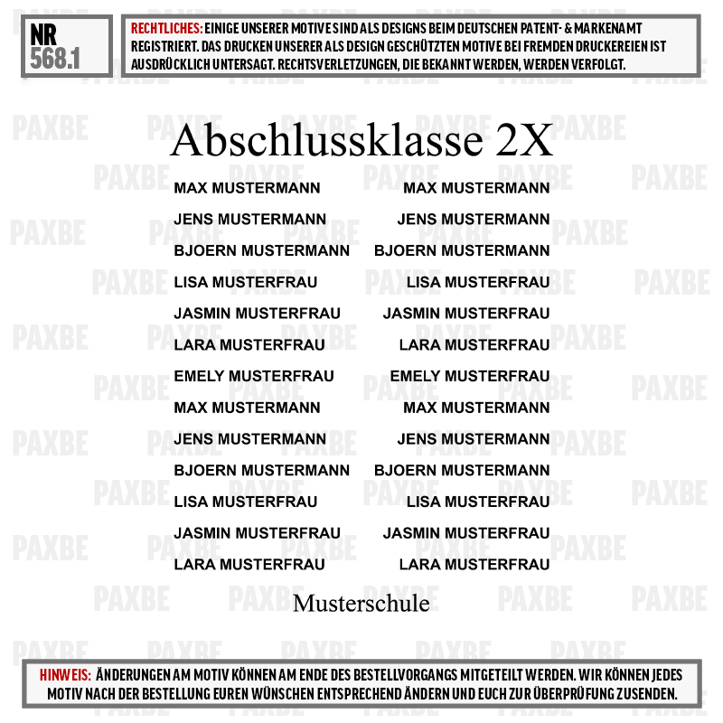 Musterliste, Abschlussklasse 2X, Schule, Klassenliste, Musterfrau, Abschlussklasse, Mustername, Schule, Jahrgang, Muster