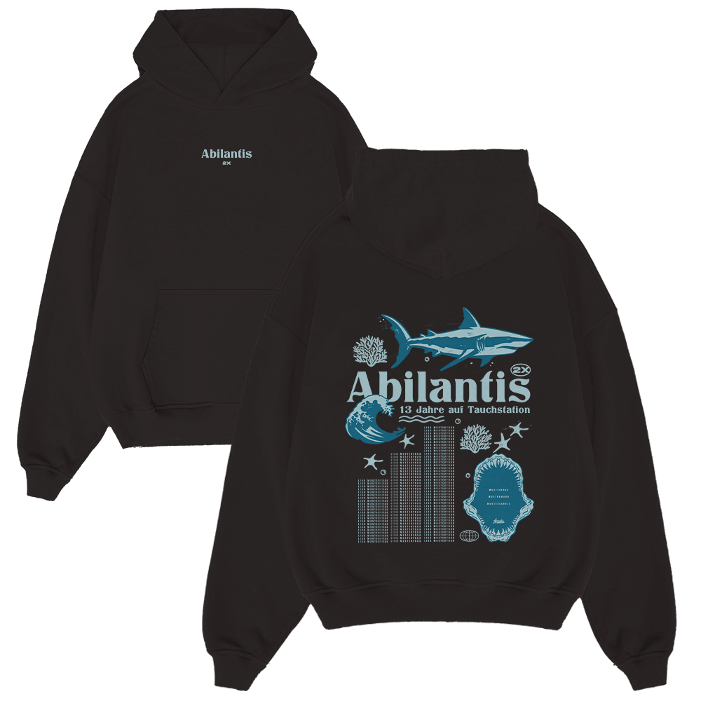 Hoodie, Schwarzer Hoodie, Blauer Druck, Haifisch-Graphik, Brusttasche, Hoodie, Schwarz, Druck-Design, Tauch-Thema, Kängurutasche