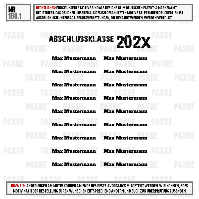 Abschlussklasse, Jahresklasse, Stolperbanner, Namensliste, Klassenliste, Plakat, Abschlussklasse, Jahr 202X, Name-Muster, Max Mustermann