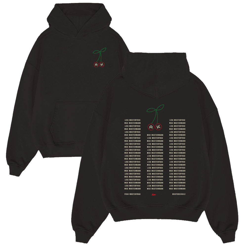 Hoodie, Kapuzenpullover, Schwarz, Drucktext, Kirschenprint, hoodie, schwarze hoodie, Kapuzenshirt, Kirschen Grafik, kleines Textmuster