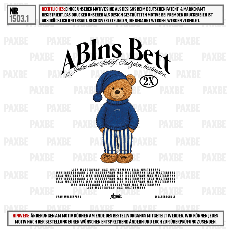 teddy bear, blauer pullover, gestreifte hose, strickmütze, stickerei
