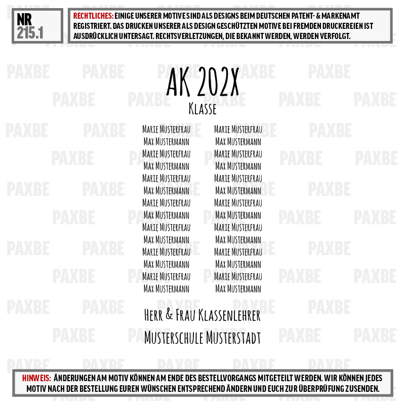 Klassensliste, Namensliste, Jahrgangsliste, Schulklasse, Unterrichtsmotiv, Klassenzusammenstellung, Lehrerliste, Musterfrau, Musterschule, Klasse AK 202X