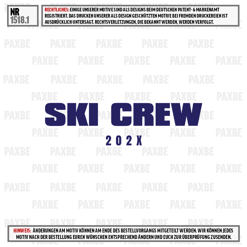 Ski-Crew-Aufdruck, Textildesign, dunkelblau, weißer Hintergrund, Ski-Crew-Motiv, Schriftzug, Marineblau, Wintersport, 202X