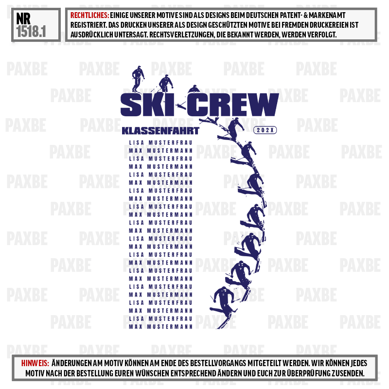 Skikurs-Shirt, Ski-Motiv, dunkelblau, Personalisierbar, Klassenfahrt, Skifahrt-Motiv, Skifahrer, Klassenfahrt, dunkelblau, Namensliste